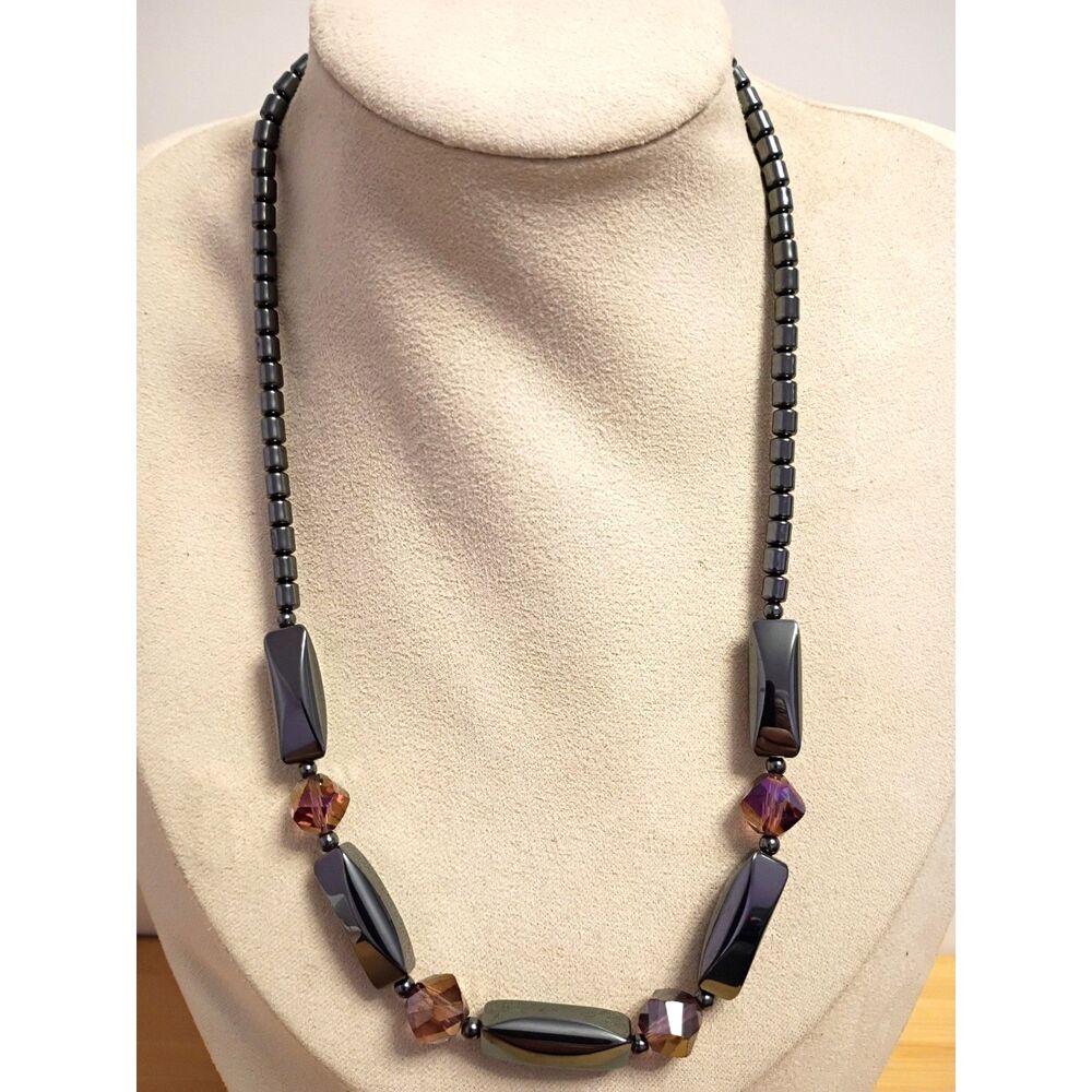 Black Hematite Beaded Necklace featuring Various Bead size & Shape Purple Accent